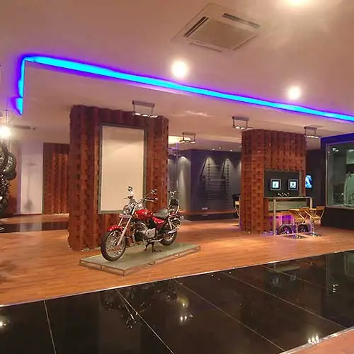 Motorcycle display floor inside Probiking showroom designed by Jimmy Mistry