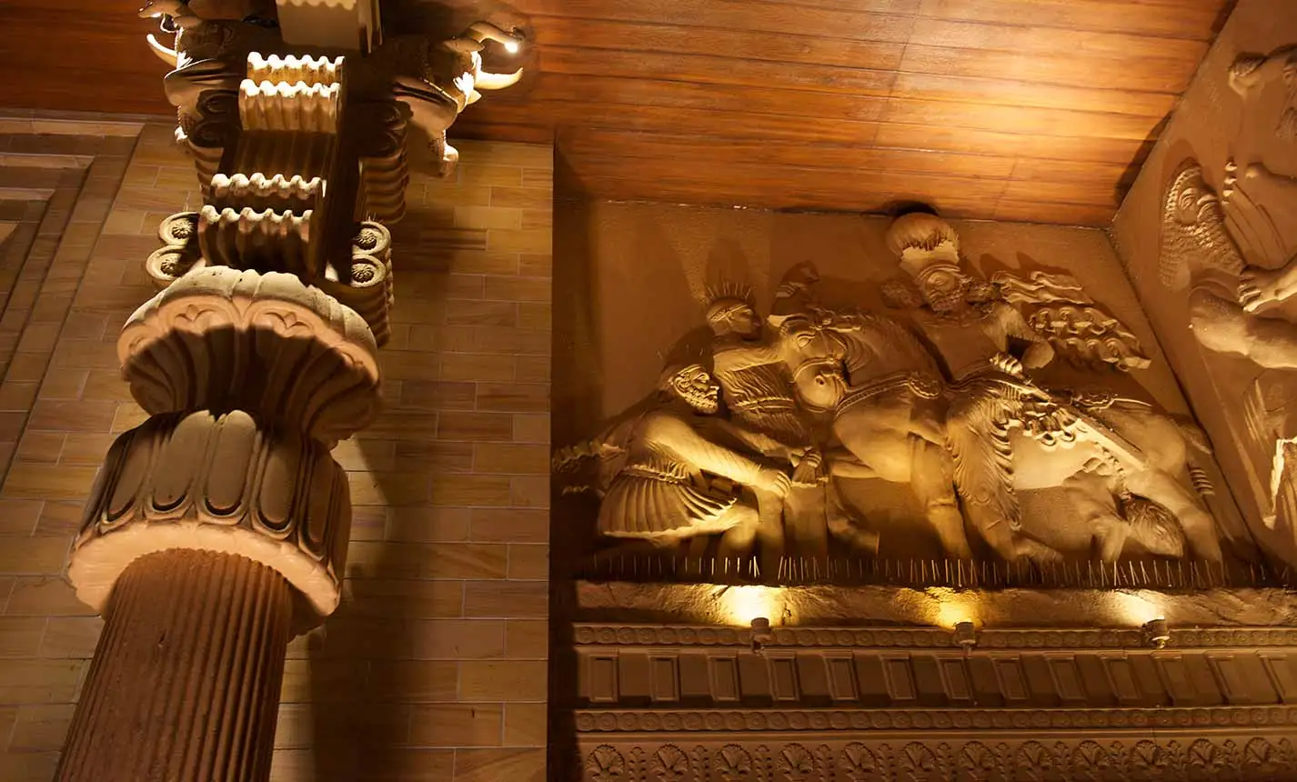 Architectural detailing illuminated at night