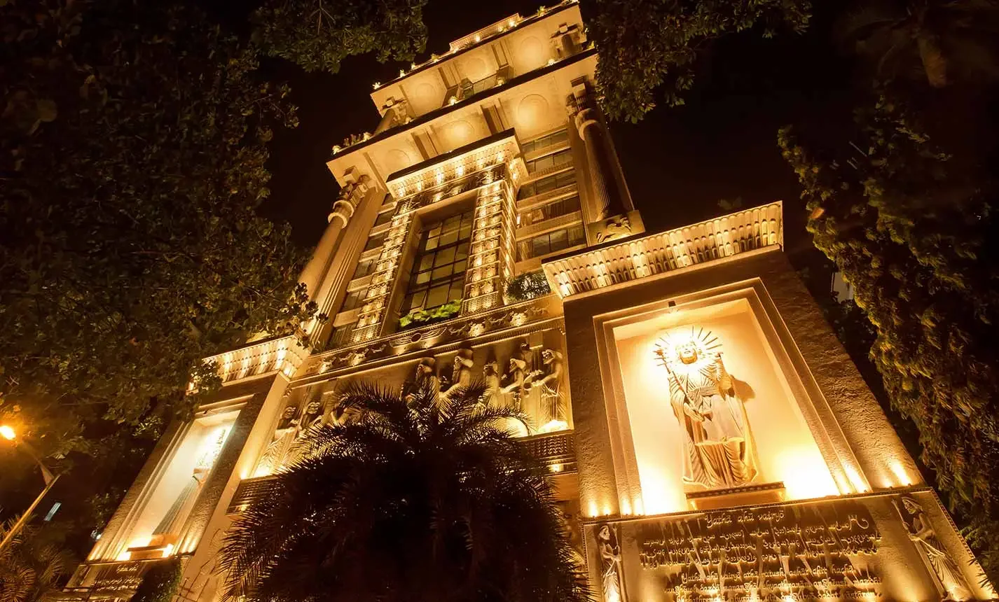Grand luxury tower illuminated at night