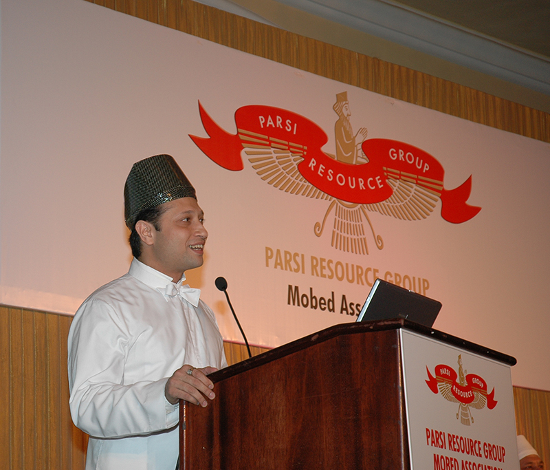 Jimmy Mistry addressing an event for the Parsi Resource Group philanthropic initiative